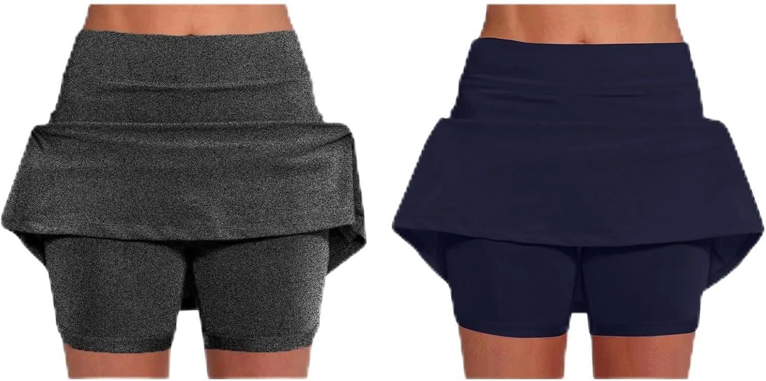 2 Pack Womens Athletic Skirts Basic Running Skorts Lightweight High Waisted Gym Workout Skirt with Built in Shorts