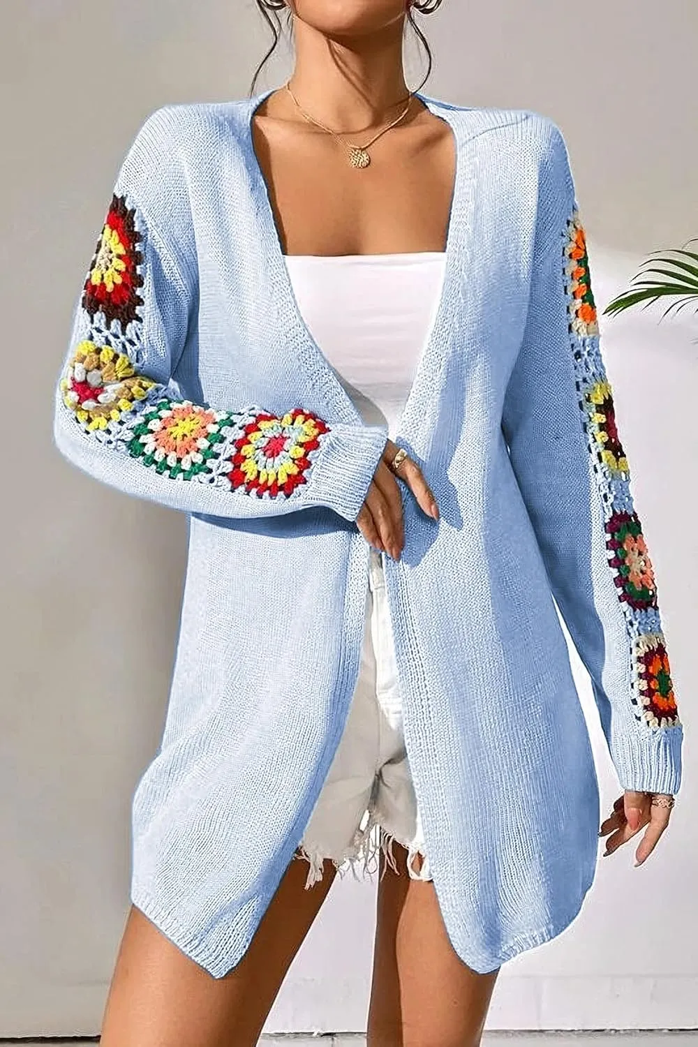 2024 Boho Floral Pattern Crochet Open Front Long Sleeve Casual Knit Cardigan Sweater