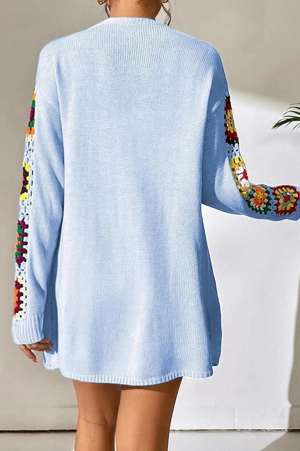 2024 Boho Floral Pattern Crochet Open Front Long Sleeve Casual Knit Cardigan Sweater