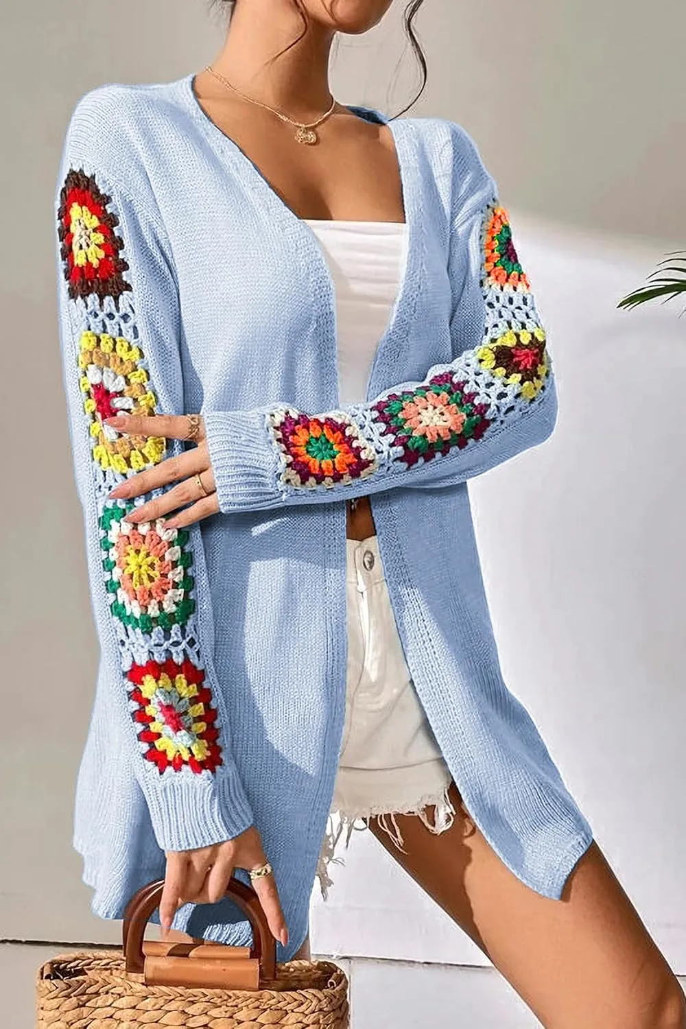 2024 Boho Floral Pattern Crochet Open Front Long Sleeve Casual Knit Cardigan Sweater