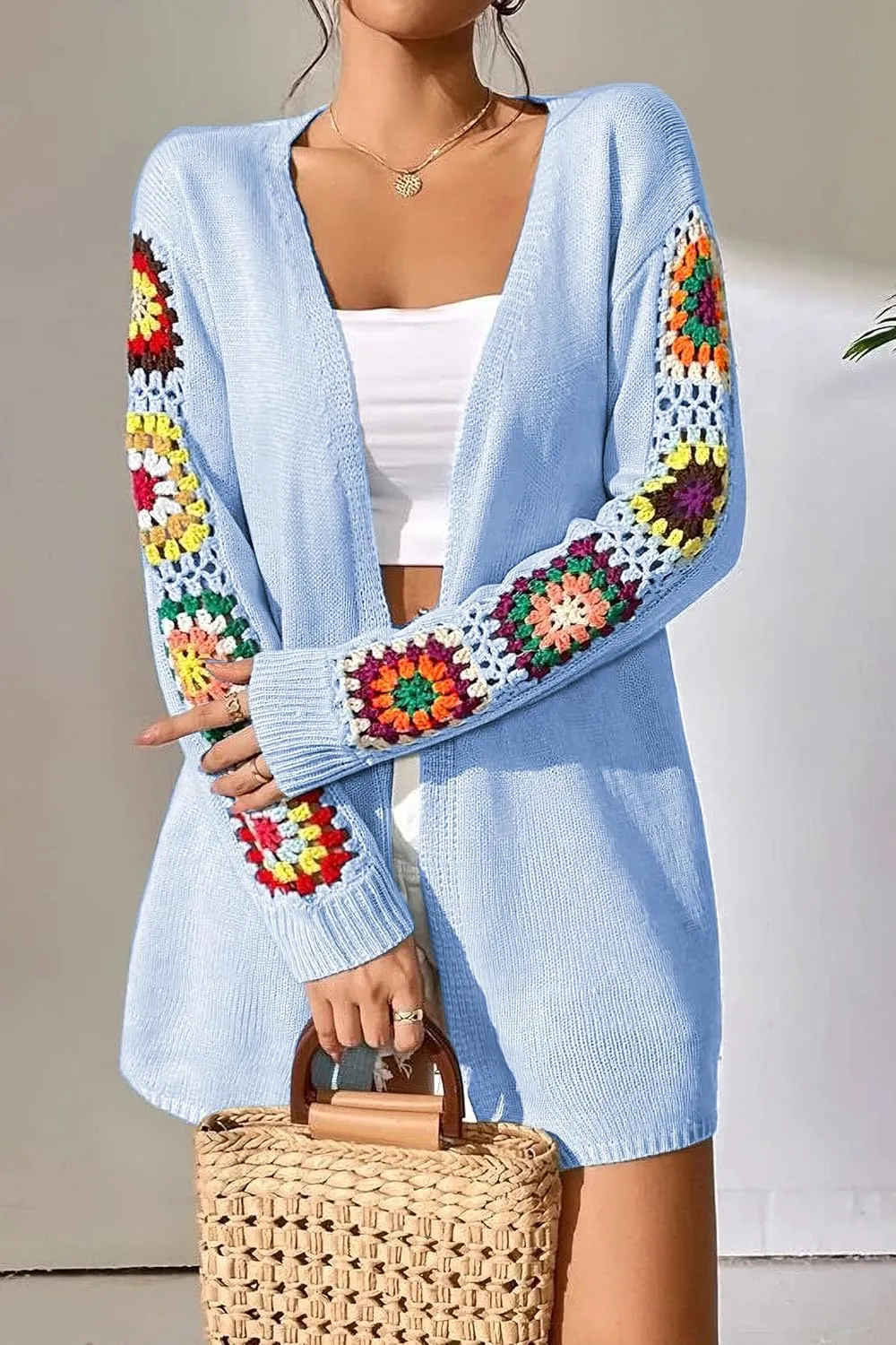 2024 Boho Floral Pattern Crochet Open Front Long Sleeve Casual Knit Cardigan Sweater