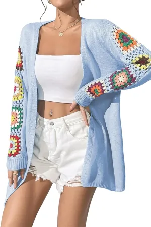 2024 Boho Floral Pattern Crochet Open Front Long Sleeve Casual Knit Cardigan Sweater