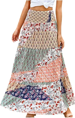 2025 Bohemian Long Skirts for Women Print High Waist A Line Maxi Skirts Summer Casual Printed Pleated Ruffle Flowy Skirt