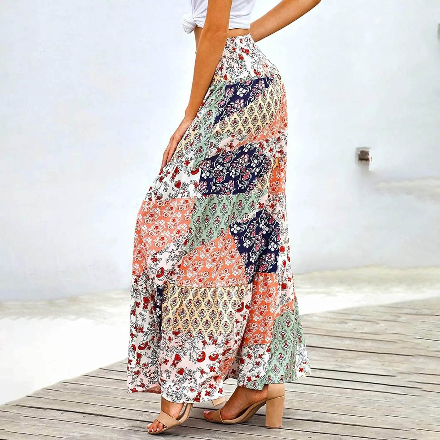 2025 Bohemian Long Skirts for Women Print High Waist A Line Maxi Skirts Summer Casual Printed Pleated Ruffle Flowy Skirt