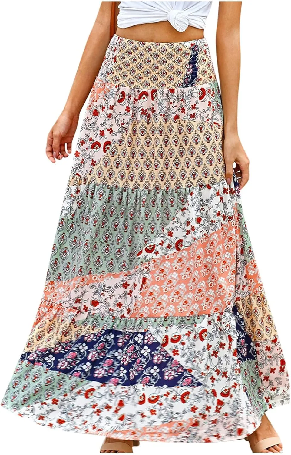 2025 Bohemian Long Skirts for Women Print High Waist A Line Maxi Skirts Summer Casual Printed Pleated Ruffle Flowy Skirt