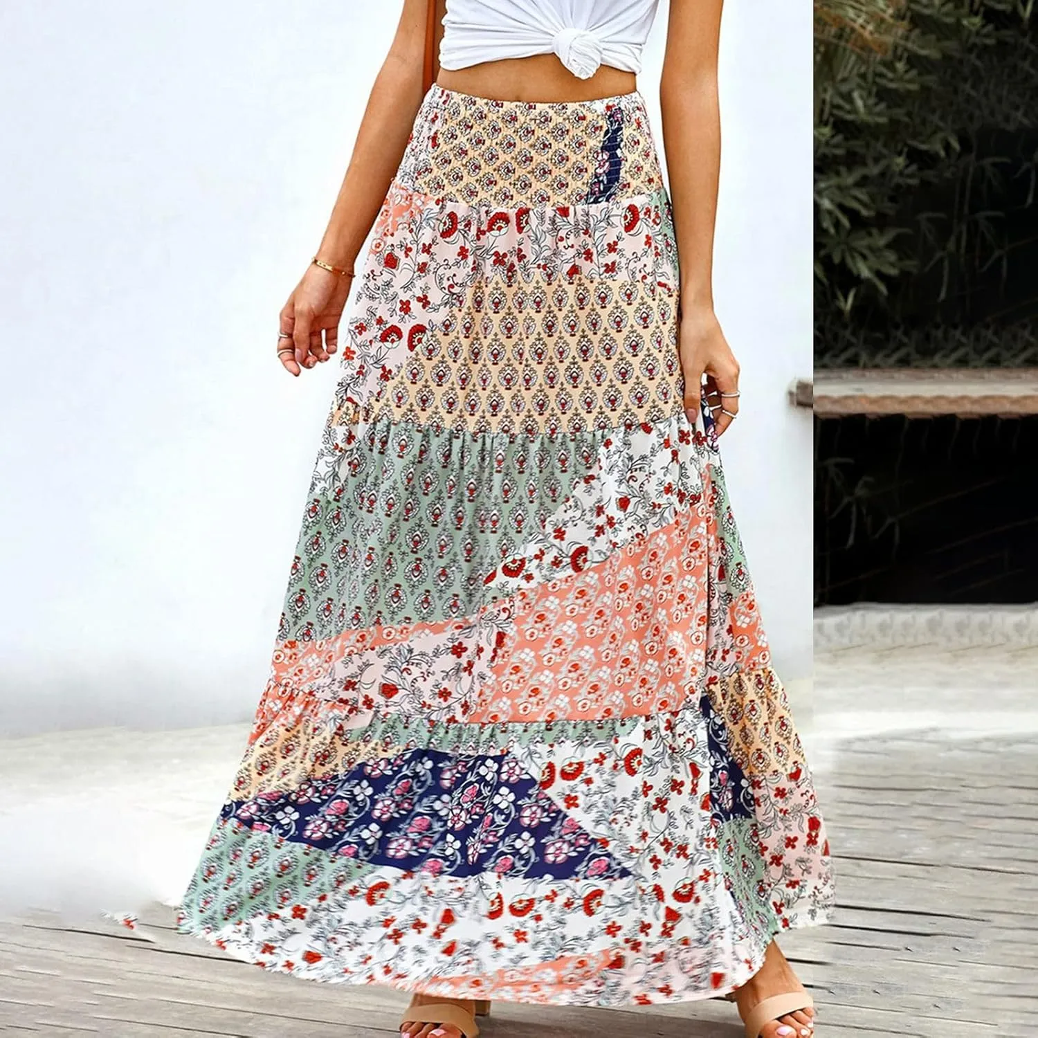 2025 Bohemian Long Skirts for Women Print High Waist A Line Maxi Skirts Summer Casual Printed Pleated Ruffle Flowy Skirt