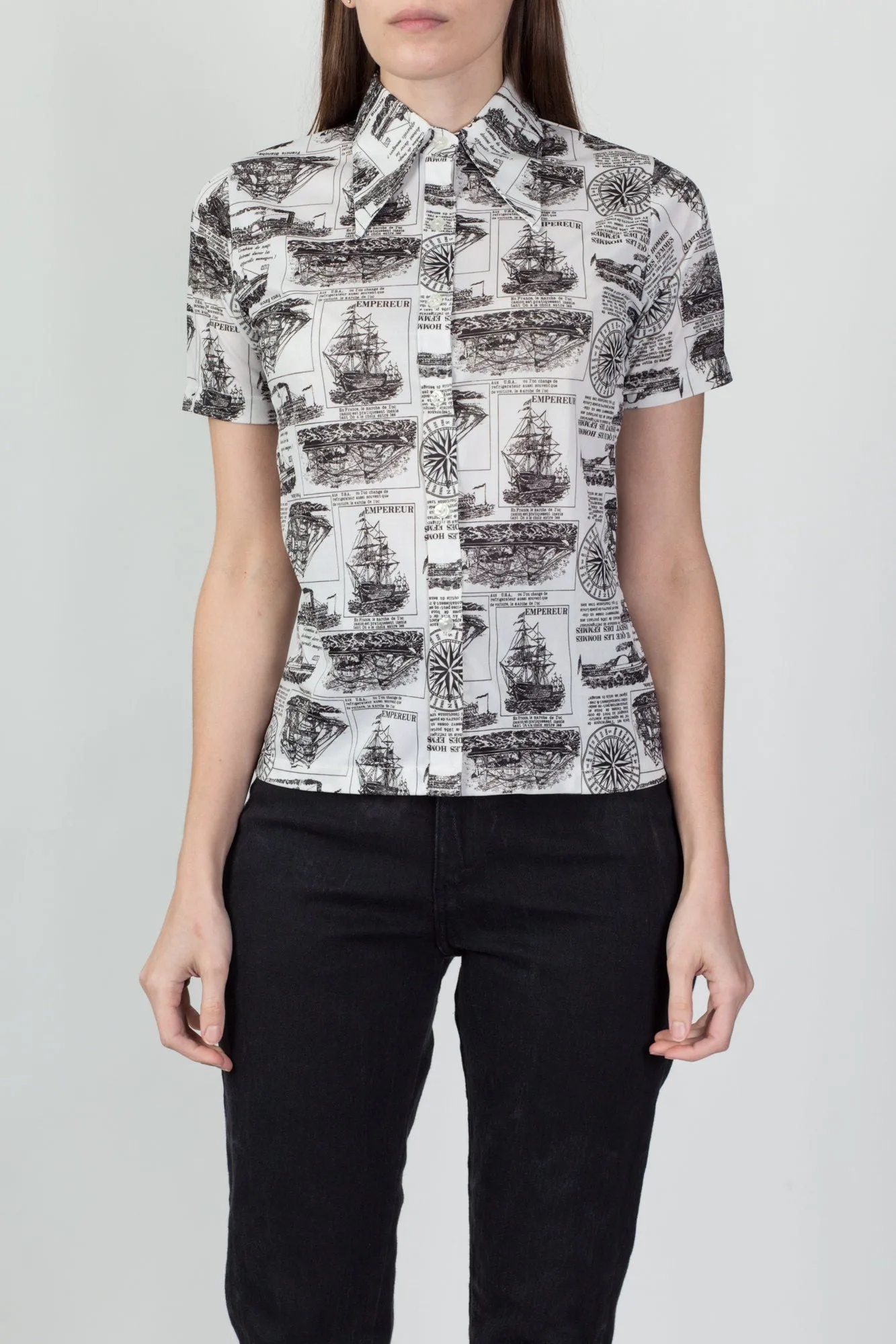 70s French Sailing Ship Novelty Print Blouse - Small