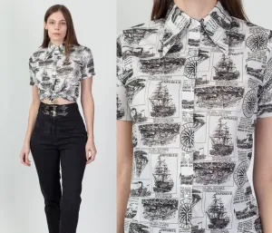 70s French Sailing Ship Novelty Print Blouse - Small