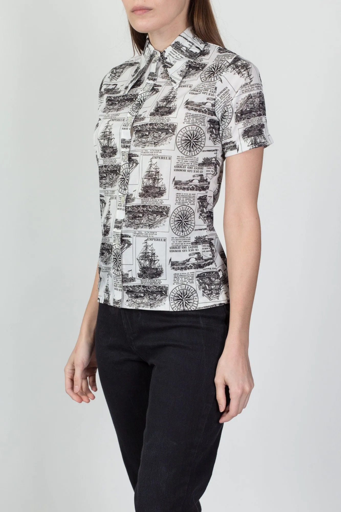 70s French Sailing Ship Novelty Print Blouse - Small