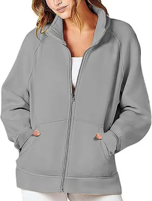 Akklian Women's Full Zip Up Jackets No Hood Long Sleeve Loose Fit Sweatshirts Solid Fashion Casual Cardigan Tops with Pockets
