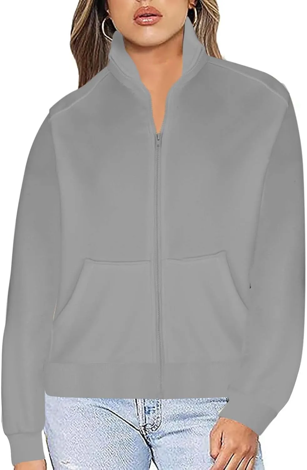 Akklian Women's Full Zip Up Jackets No Hood Long Sleeve Loose Fit Sweatshirts Solid Fashion Casual Cardigan Tops with Pockets