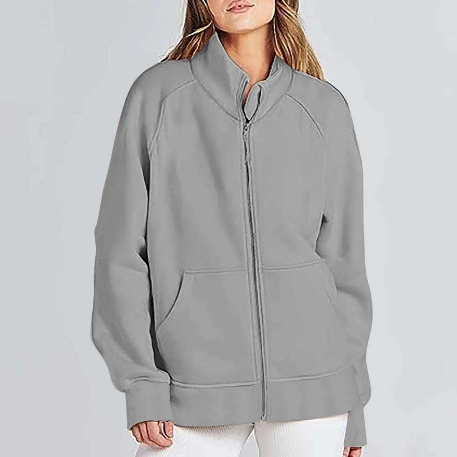 Akklian Women's Full Zip Up Jackets No Hood Long Sleeve Loose Fit Sweatshirts Solid Fashion Casual Cardigan Tops with Pockets