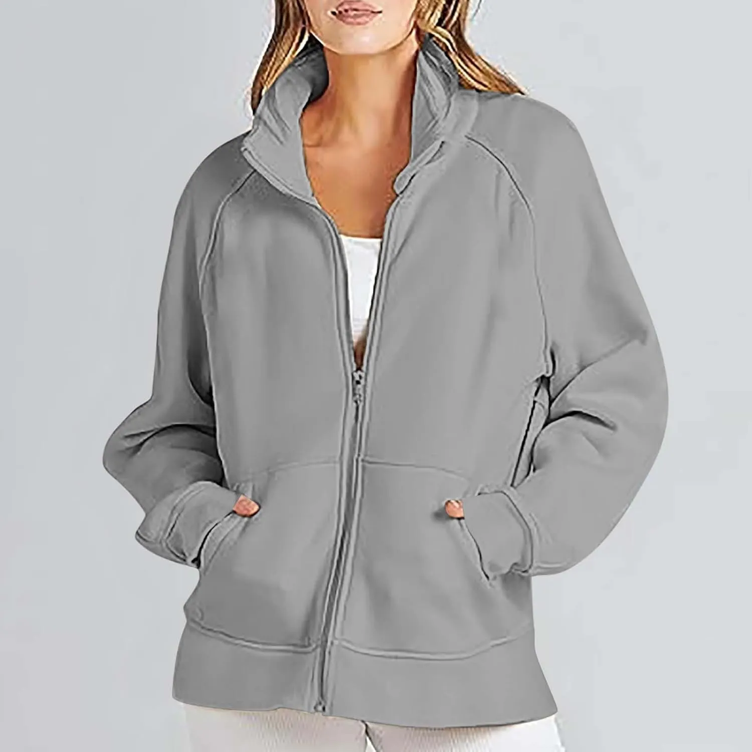 Akklian Women's Full Zip Up Jackets No Hood Long Sleeve Loose Fit Sweatshirts Solid Fashion Casual Cardigan Tops with Pockets