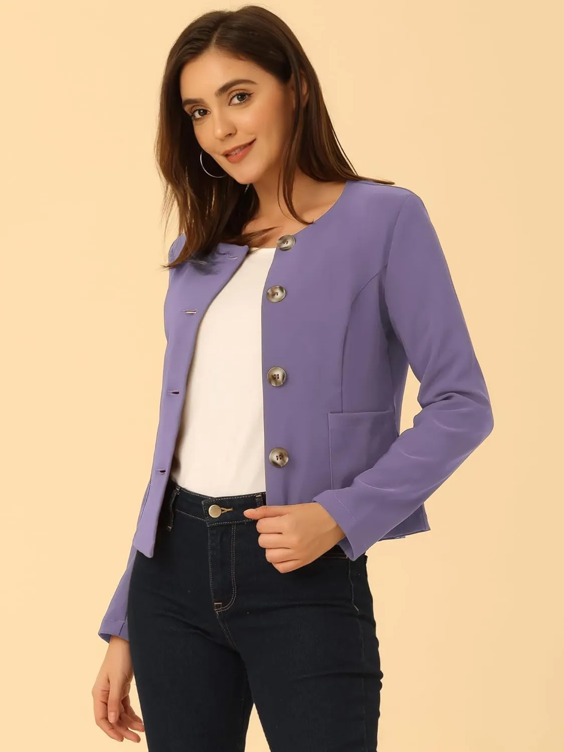 Allegra K Women's Blazers Casual Jackets Long Sleeve Button Down Cropped Blazer Work Office Business Jacket