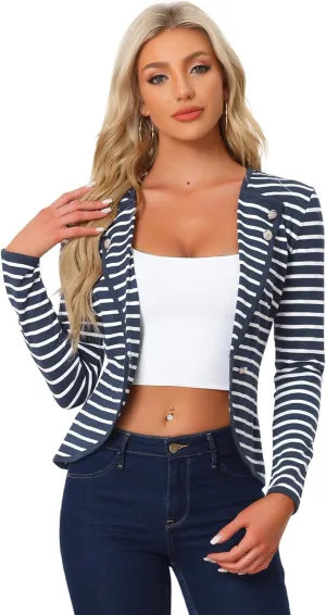 Allegra K Women's Notched Lapel Casual Work Office Striped Blazer