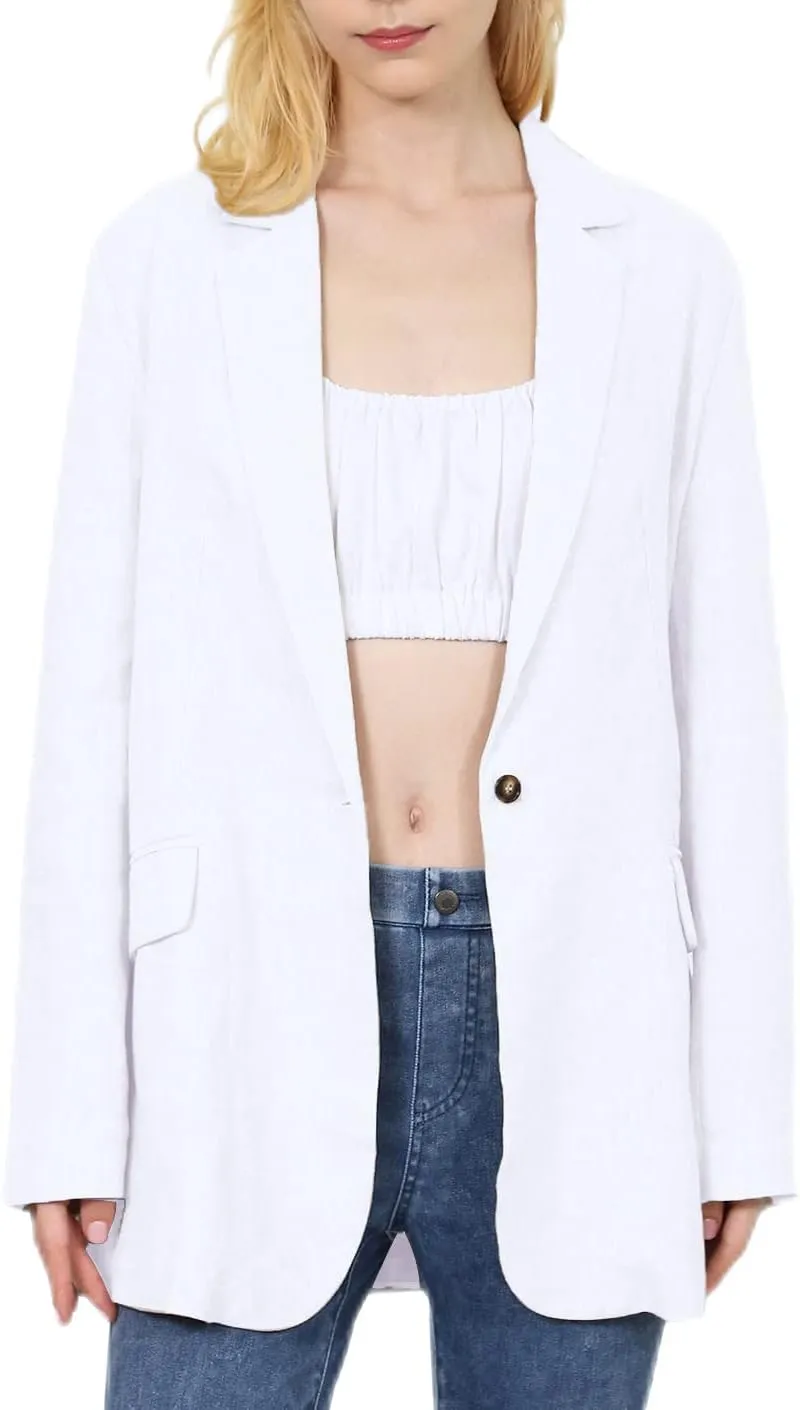 Amazhiyu Womens Pure Linen Long Sleeve Casual Office Blazer Jackets for Autumn