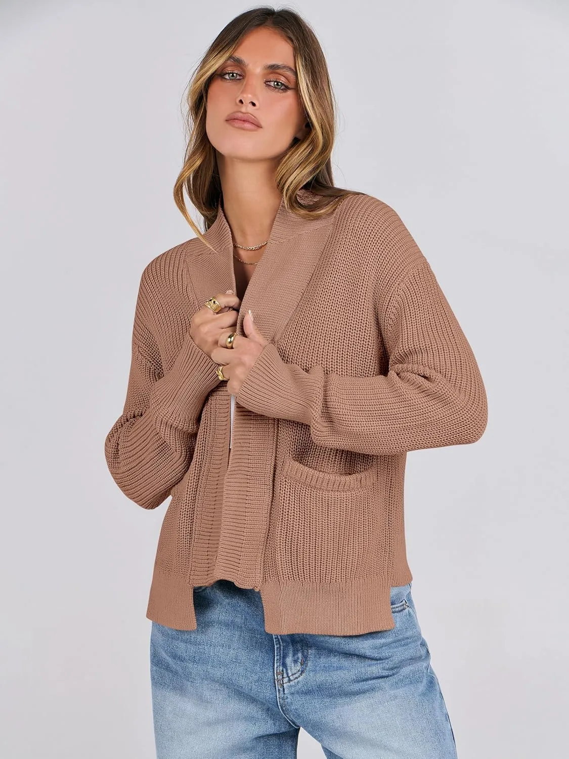 ANRABESS Women Jackets Sweaters Long Sleeve Open Front Loose Lightweight Knit Cropped Cardigan 2025 Spring Trendy Coats