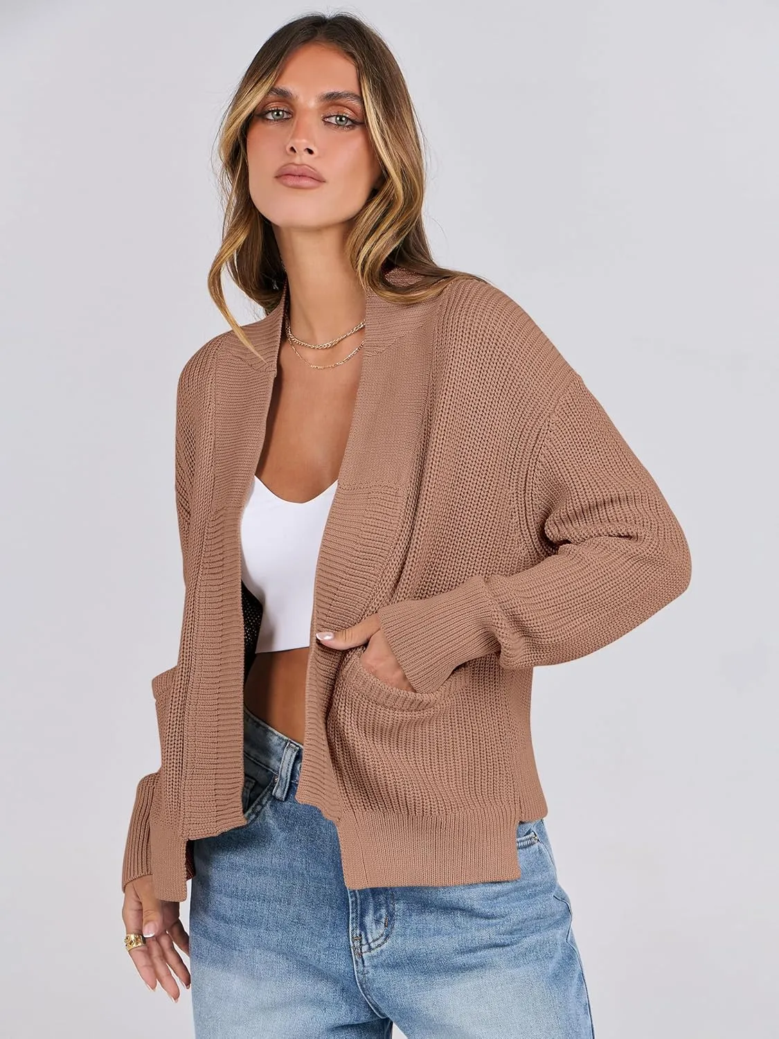 ANRABESS Women Jackets Sweaters Long Sleeve Open Front Loose Lightweight Knit Cropped Cardigan 2025 Spring Trendy Coats