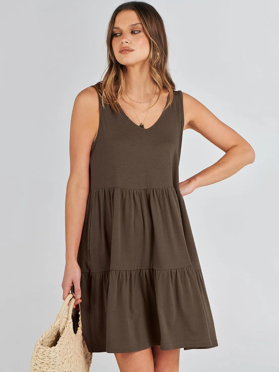 ANRABESS Womens Summer Casual Tank Dress Sleeveless V Neck T Shirt Sundress Flowy Tiered Swing Mini Beach Vacation Dresses
