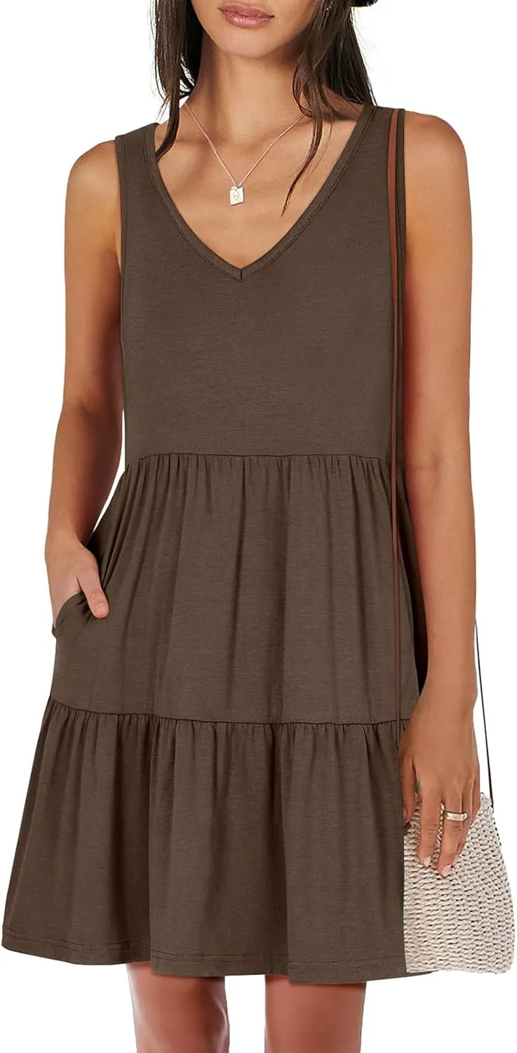 ANRABESS Womens Summer Casual Tank Dress Sleeveless V Neck T Shirt Sundress Flowy Tiered Swing Mini Beach Vacation Dresses