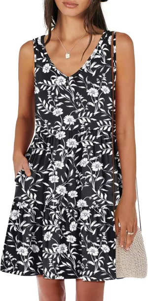 ANRABESS Womens Summer Casual Tank Dress Sleeveless V Neck T Shirt Sundress Flowy Tiered Swing Mini Beach Vacation Dresses