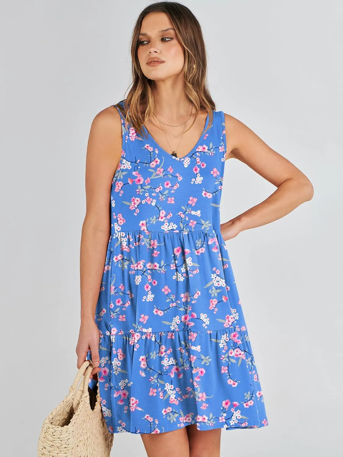 ANRABESS Womens Summer Casual Tank Dress Sleeveless V Neck T Shirt Sundress Flowy Tiered Swing Mini Beach Vacation Dresses