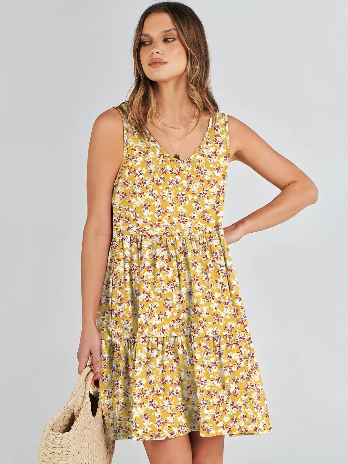 ANRABESS Womens Summer Casual Tank Dress Sleeveless V Neck T Shirt Sundress Flowy Tiered Swing Mini Beach Vacation Dresses