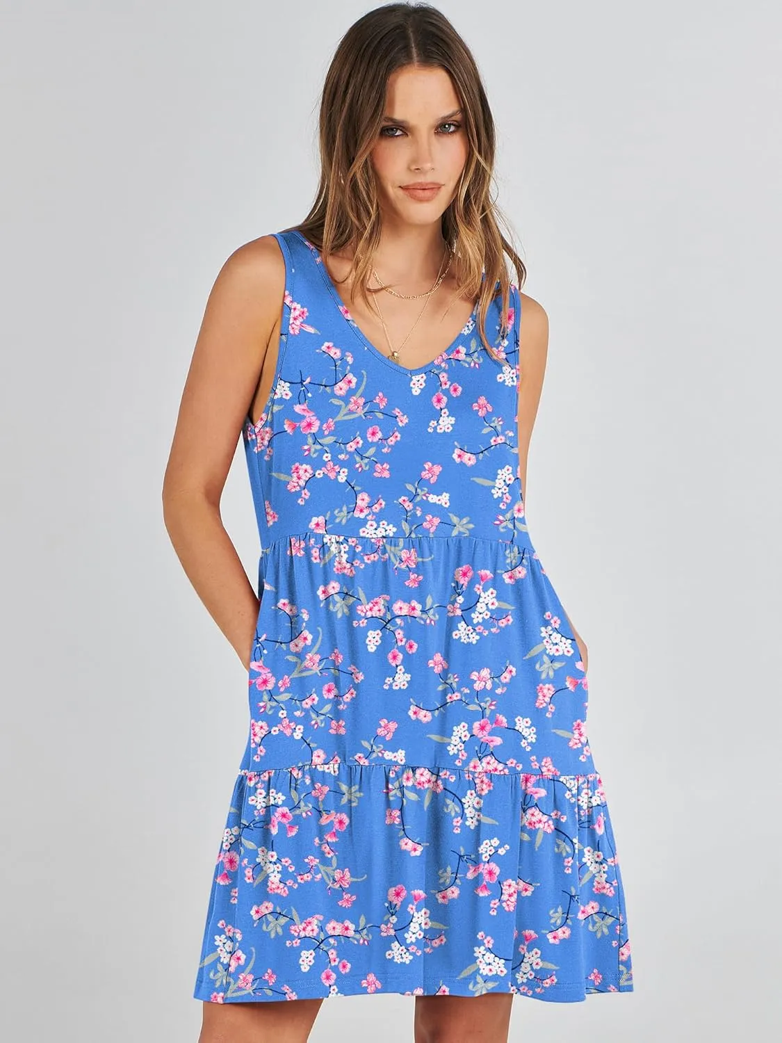 ANRABESS Womens Summer Casual Tank Dress Sleeveless V Neck T Shirt Sundress Flowy Tiered Swing Mini Beach Vacation Dresses