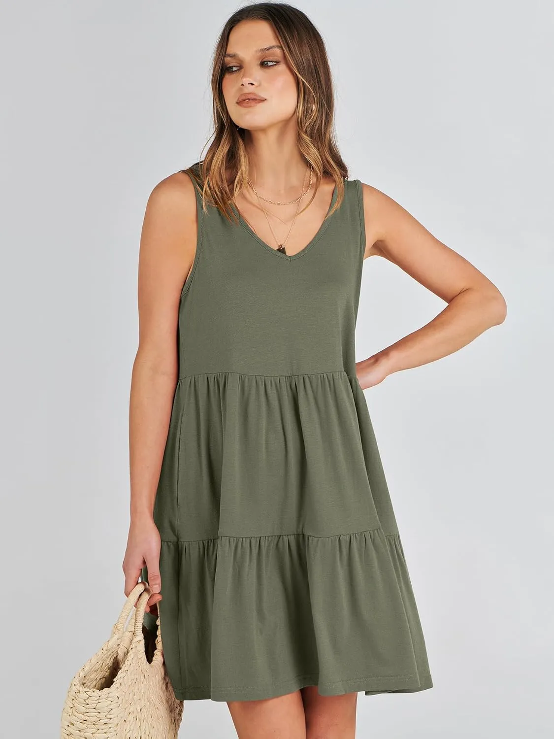 ANRABESS Womens Summer Casual Tank Dress Sleeveless V Neck T Shirt Sundress Flowy Tiered Swing Mini Beach Vacation Dresses