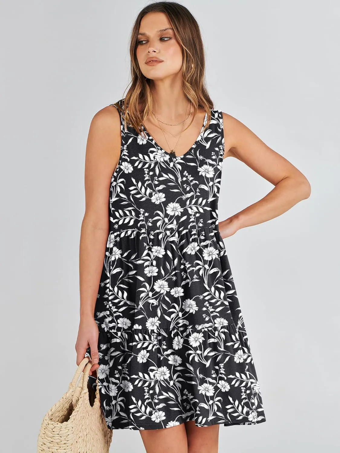 ANRABESS Womens Summer Casual Tank Dress Sleeveless V Neck T Shirt Sundress Flowy Tiered Swing Mini Beach Vacation Dresses