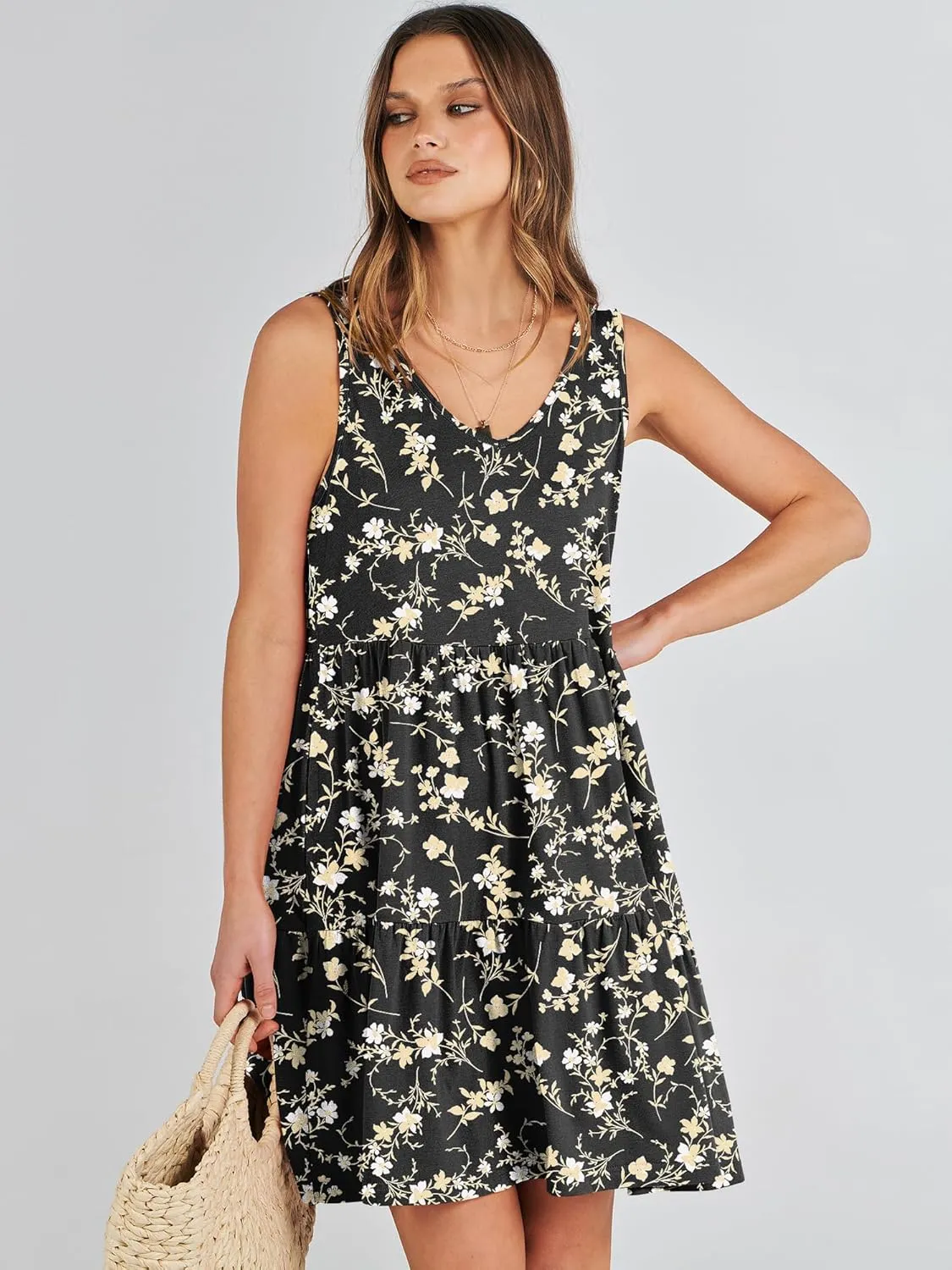 ANRABESS Womens Summer Casual Tank Dress Sleeveless V Neck T Shirt Sundress Flowy Tiered Swing Mini Beach Vacation Dresses