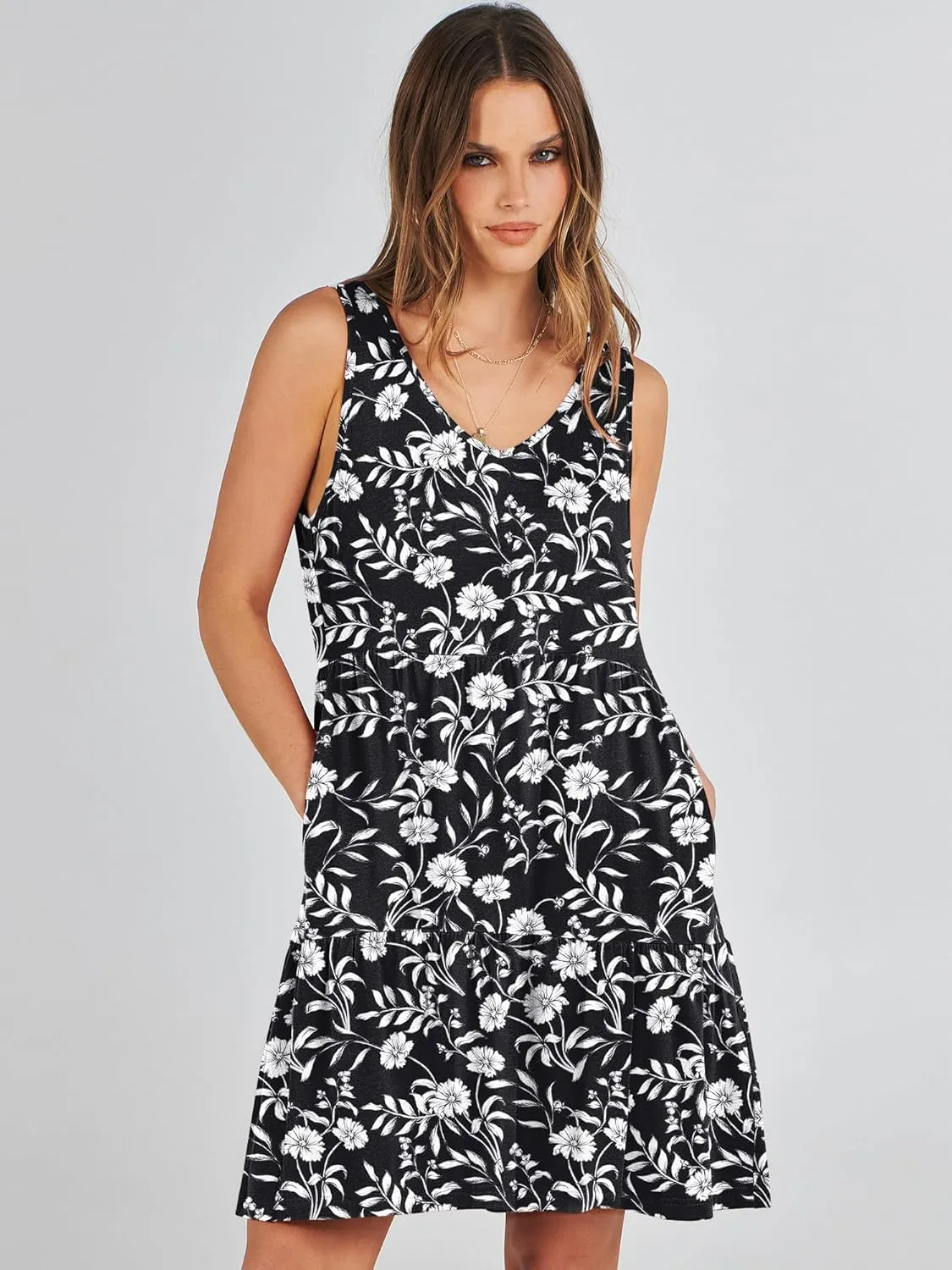ANRABESS Womens Summer Casual Tank Dress Sleeveless V Neck T Shirt Sundress Flowy Tiered Swing Mini Beach Vacation Dresses