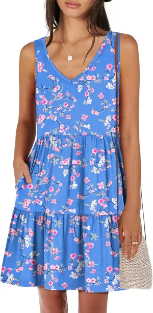 ANRABESS Womens Summer Casual Tank Dress Sleeveless V Neck T Shirt Sundress Flowy Tiered Swing Mini Beach Vacation Dresses