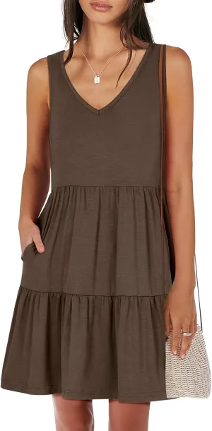 ANRABESS Womens Summer Casual Tank Dress Sleeveless V Neck T Shirt Sundress Flowy Tiered Swing Mini Beach Vacation Dresses