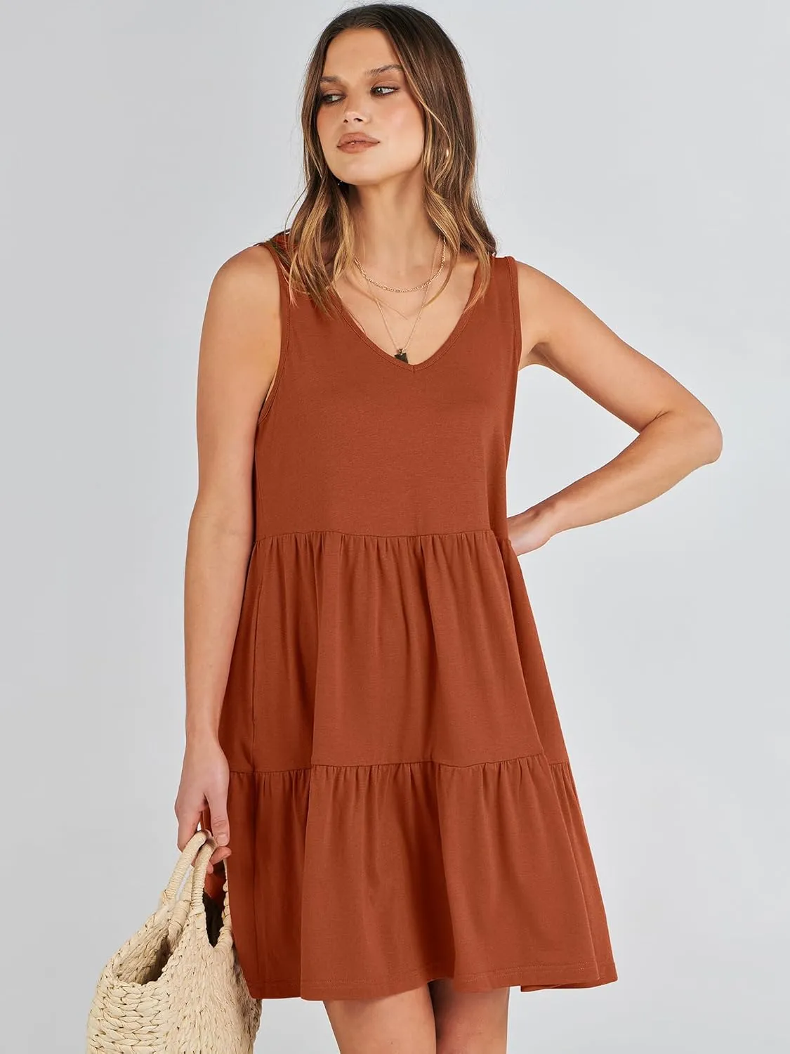 ANRABESS Womens Summer Casual Tank Dress Sleeveless V Neck T Shirt Sundress Flowy Tiered Swing Mini Beach Vacation Dresses