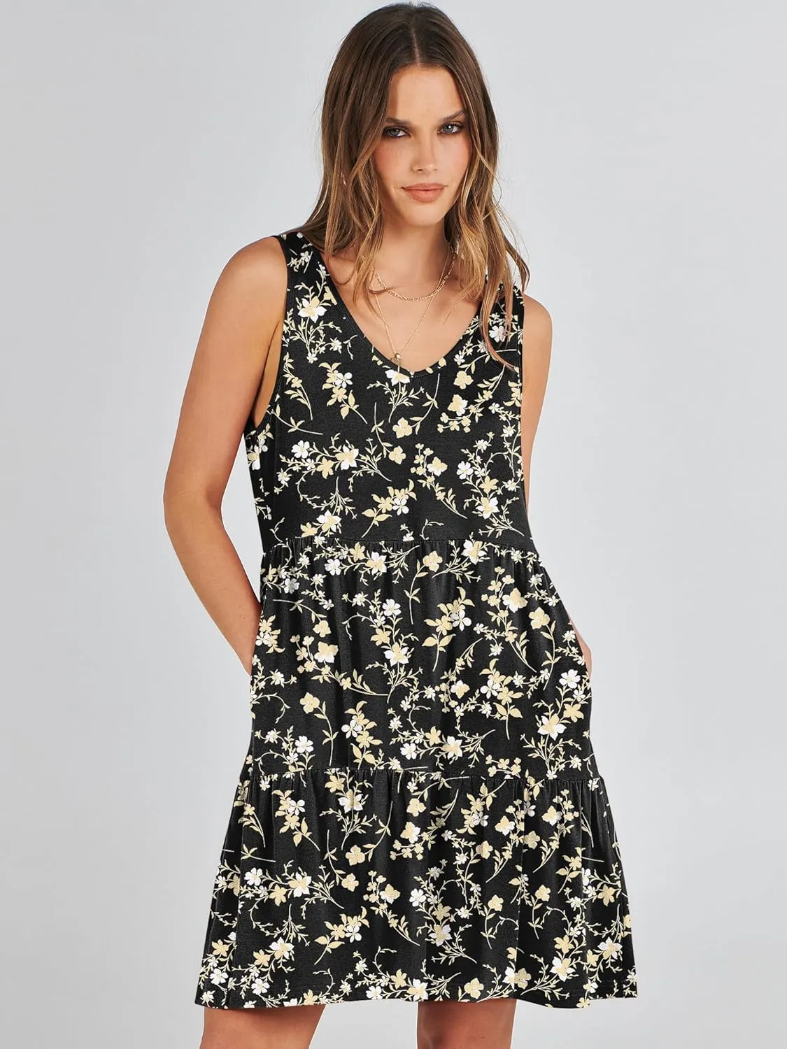 ANRABESS Womens Summer Casual Tank Dress Sleeveless V Neck T Shirt Sundress Flowy Tiered Swing Mini Beach Vacation Dresses