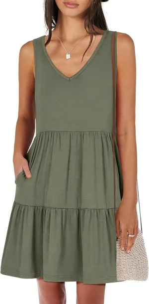 ANRABESS Womens Summer Casual Tank Dress Sleeveless V Neck T Shirt Sundress Flowy Tiered Swing Mini Beach Vacation Dresses