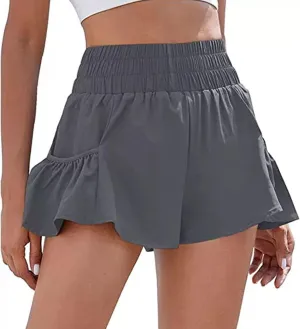 Athletic Skorts for Women Ruffle Hem Elastic High Waisted Running Workout Skirt Wide Leg Lightweight Gym Shorts with Pockets