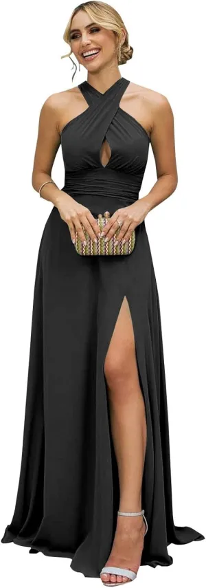 AUMEELAM Womens Halter Bridesmaid Dresses Chiffon Long Sleeveless Formal Dresses for Women Hollow Out Evening Gowns