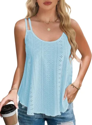 AURUZA Tank Top for Women Eyelet Sleeveless Camisole Casual Spaghetti Strap Scoop Neck Cami Loose Fit Summer Beach Vacation