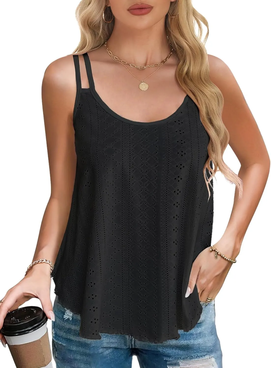 AURUZA Tank Top for Women Eyelet Sleeveless Camisole Casual Spaghetti Strap Scoop Neck Cami Loose Fit Summer Beach Vacation