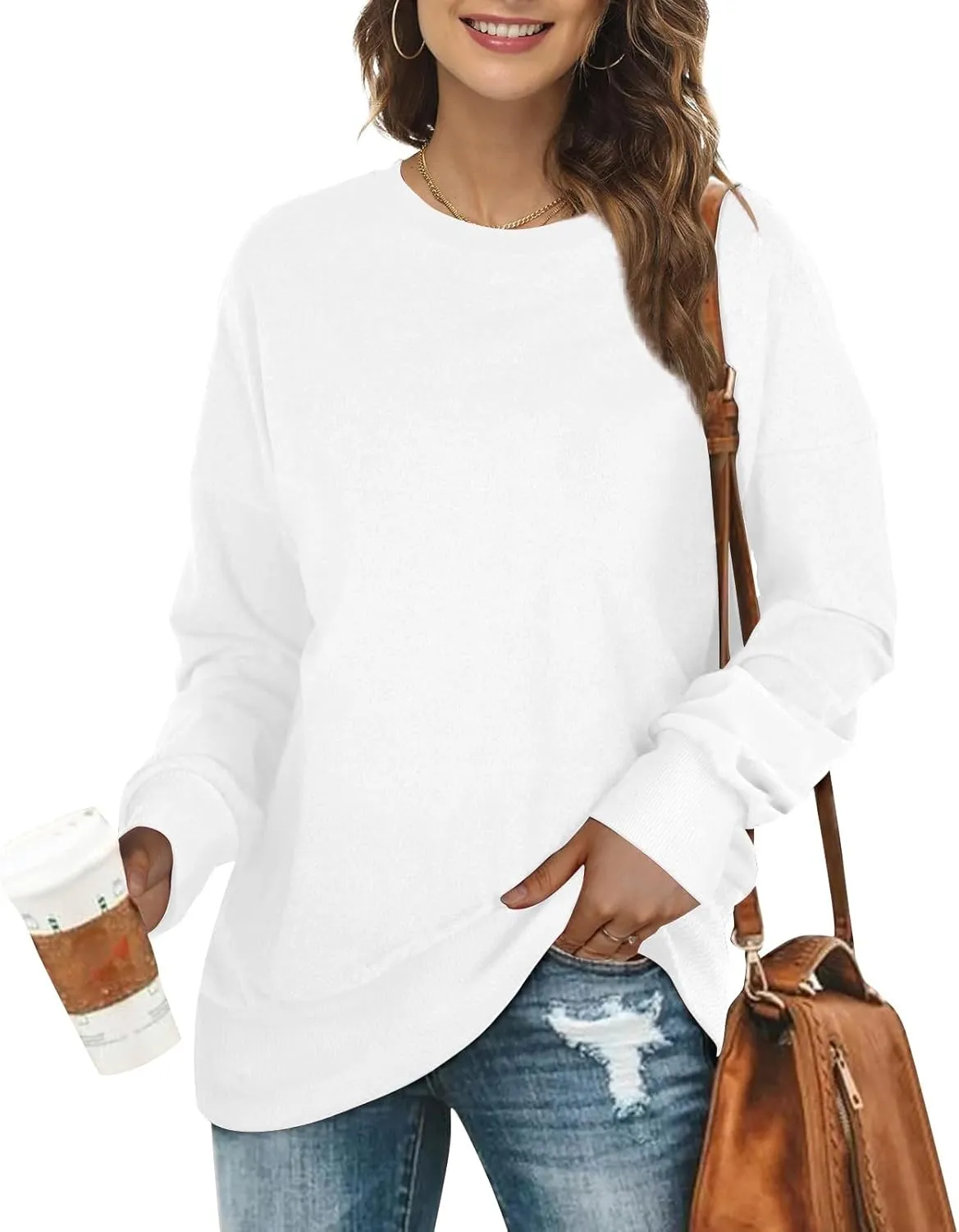 Azeralia Oversized Sweatshirt For Women Solid Round Neck Long Sleeve Pullover Fall Trendy Casual Loose Sweatshirts