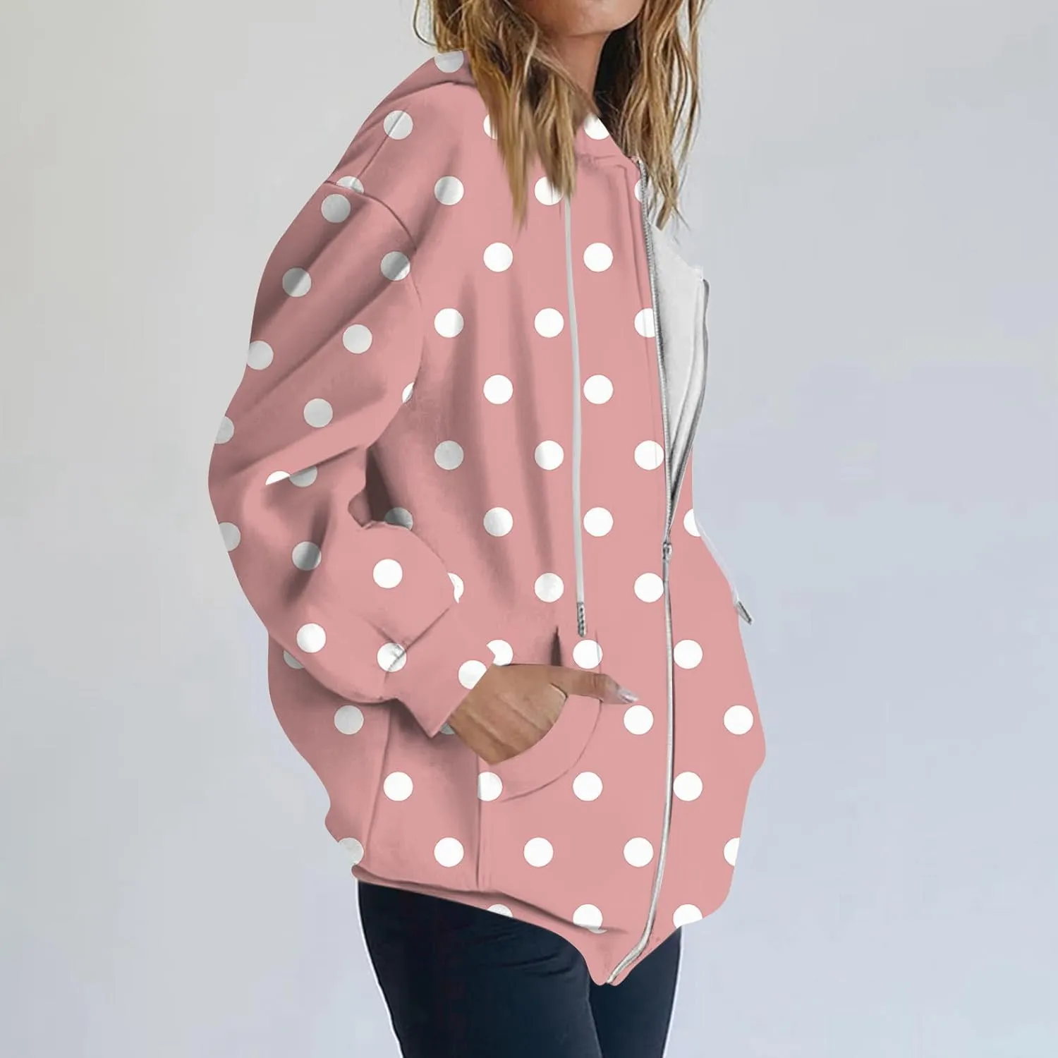 Baggy Full Zip Hoodie for Women Fashion Fall Long Sleeve Sweatshirts Printed Outdoor Jackets with Pockets S-2XL