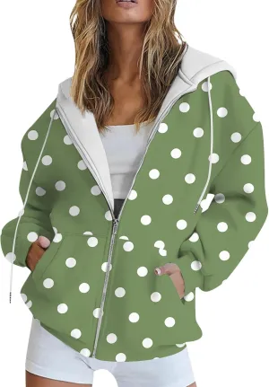 Baggy Full Zip Hoodie for Women Fashion Fall Long Sleeve Sweatshirts Printed Outdoor Jackets with Pockets S-2XL
