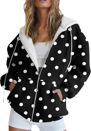 Baggy Full Zip Hoodie for Women Fashion Fall Long Sleeve Sweatshirts Printed Outdoor Jackets with Pockets S-2XL
