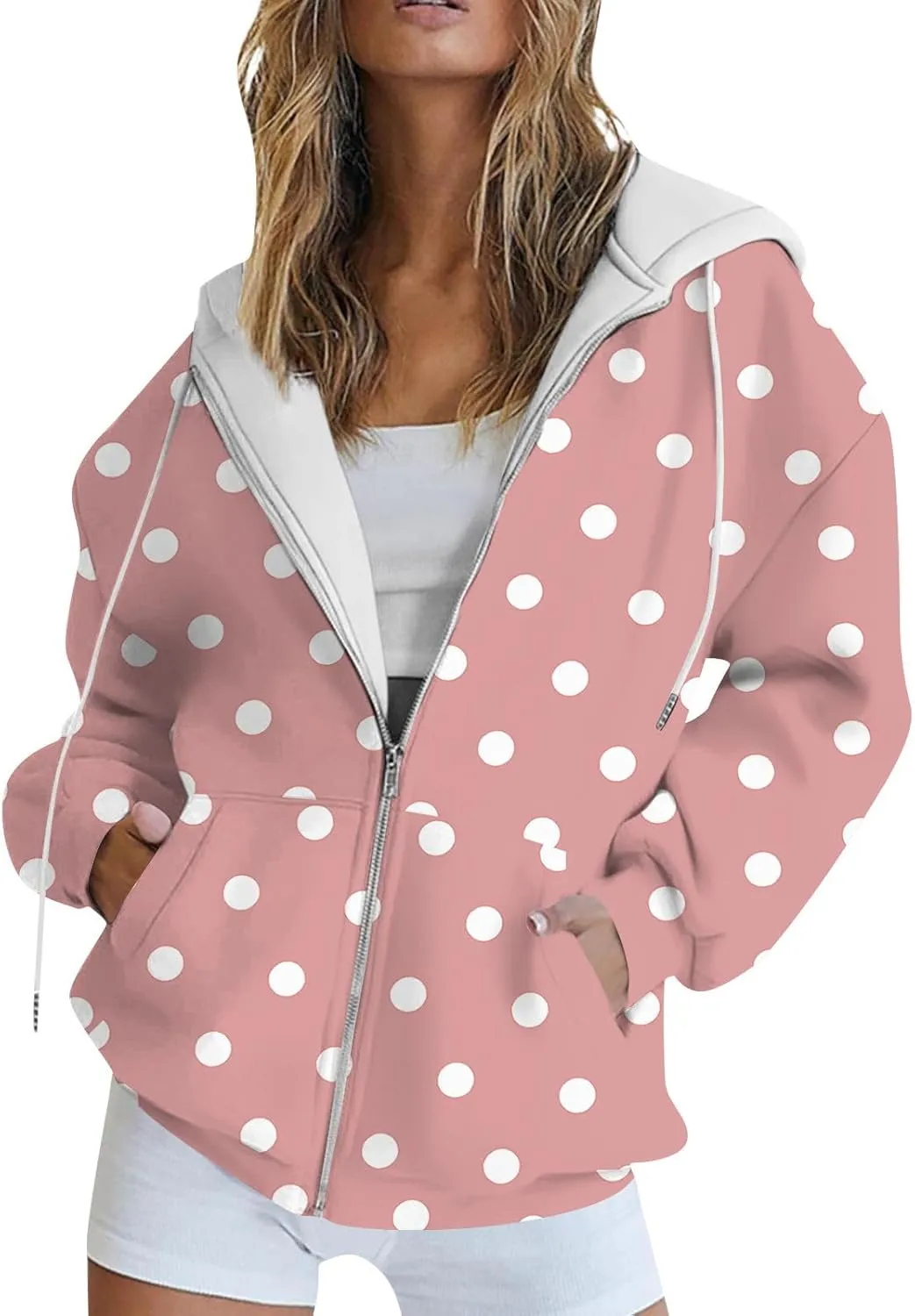 Baggy Full Zip Hoodie for Women Fashion Fall Long Sleeve Sweatshirts Printed Outdoor Jackets with Pockets S-2XL