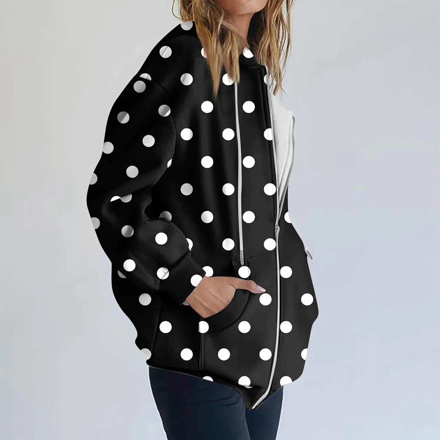 Baggy Full Zip Hoodie for Women Fashion Fall Long Sleeve Sweatshirts Printed Outdoor Jackets with Pockets S-2XL