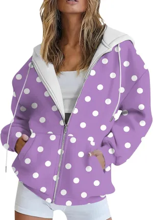 Baggy Full Zip Hoodie for Women Fashion Fall Long Sleeve Sweatshirts Printed Outdoor Jackets with Pockets S-2XL