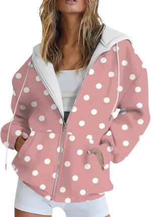 Baggy Full Zip Hoodie for Women Fashion Fall Long Sleeve Sweatshirts Printed Outdoor Jackets with Pockets S-2XL