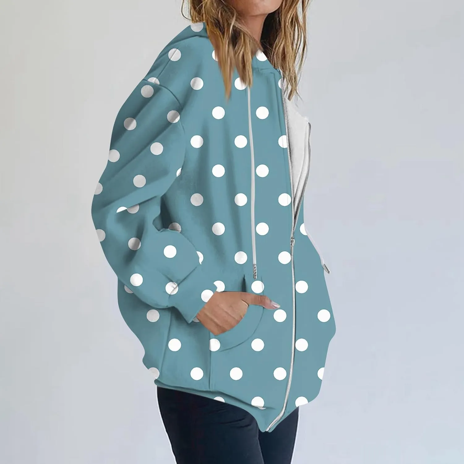 Baggy Full Zip Hoodie for Women Fashion Fall Long Sleeve Sweatshirts Printed Outdoor Jackets with Pockets S-2XL